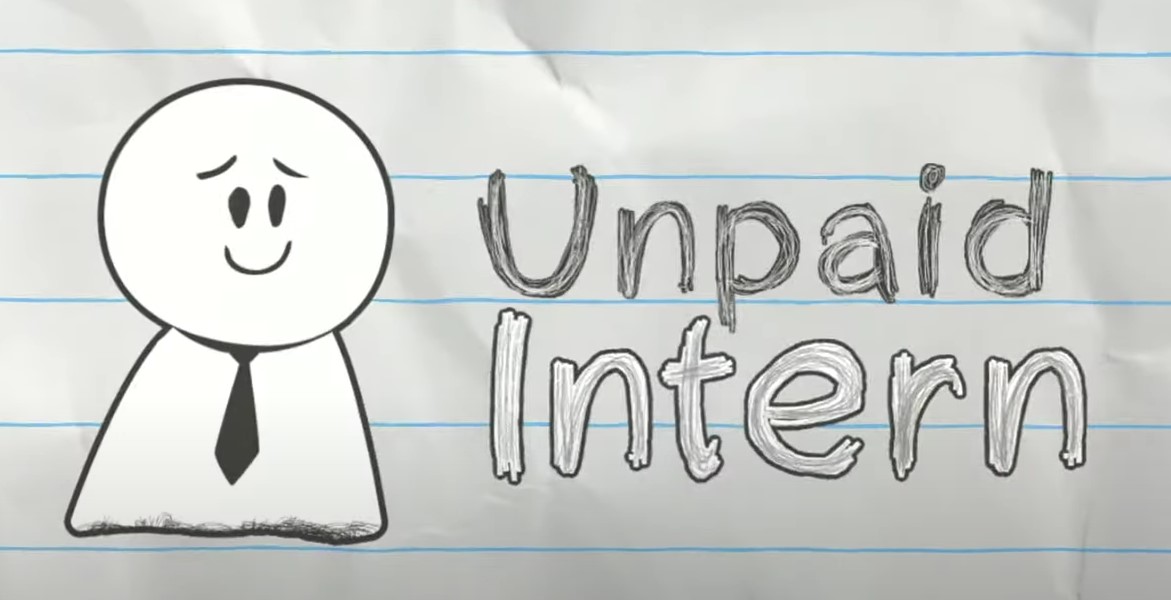 The main logo for Unpaid Intern, sketched in pencil over a white sheet of notebook paper